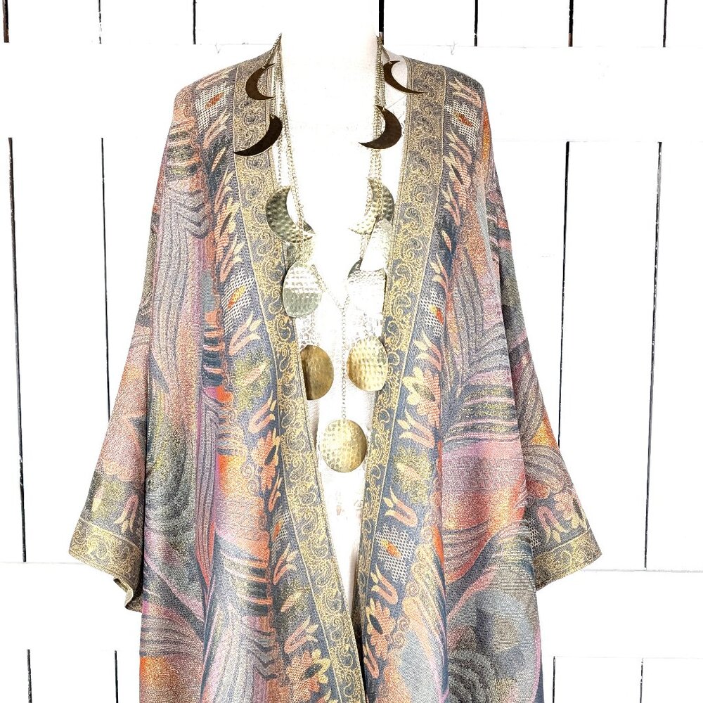 Metallic feather pashmina reversible kimono cover up